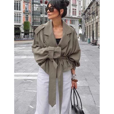 Lady Solid Full Sleeve Lace Up Jacket Fashion Solid Lapel Belt Short Loose Trench Coat Autumn Daily High Street Outwear
