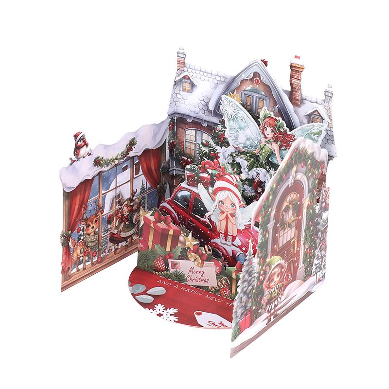 3D Julkort Julaftons Scen Med Jultomten, Flicka, Snöig By Festligt Julhälsningskort