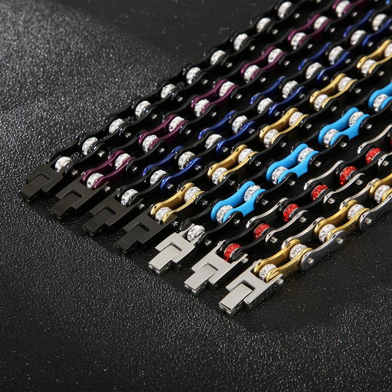 Chunky Stainless Steel Biker Bracelet For Men Women Hip Hop Inlaid Stone Bicycle Chain Bracelet High Quality Party Jewelry Gift