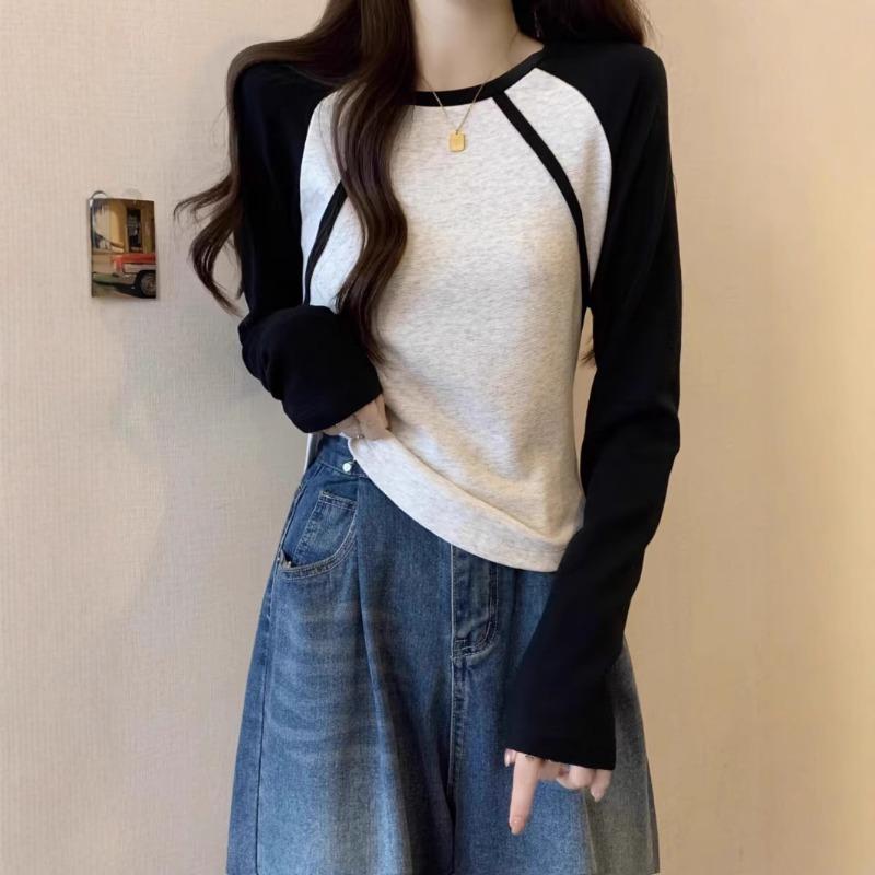 Early Autumn Winter New Contrasting Color Raglan Long-sleeved Cotton T-shirt Women's Inner Layering Shirt Slim Top