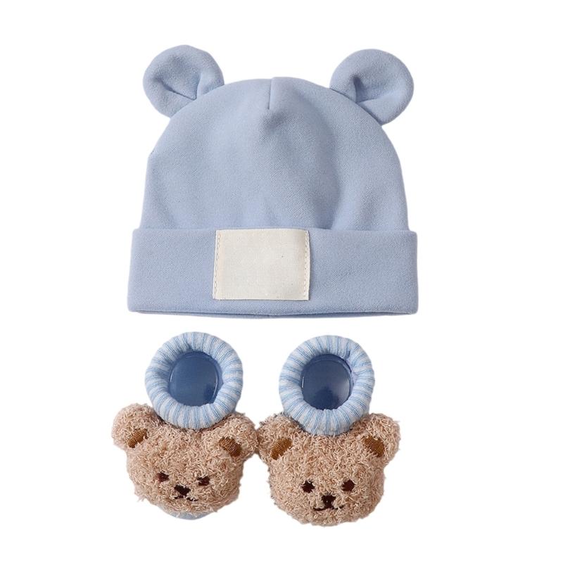 Atmungsaktive Babymütze mit Ohrenmuster und Socken Elastische Baumwoll-Polyester-Mischung Sanft zu empfindlicher Haut Sicherer Sitz für Säuglinge