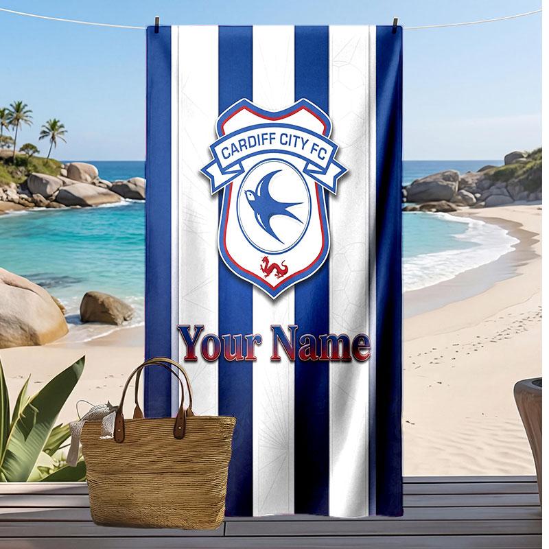 Cardiff City Personalized Printed Beach Towel Soccer Logo Support Custom Name Text Absorbent Towel For Sport Travel Special Gift