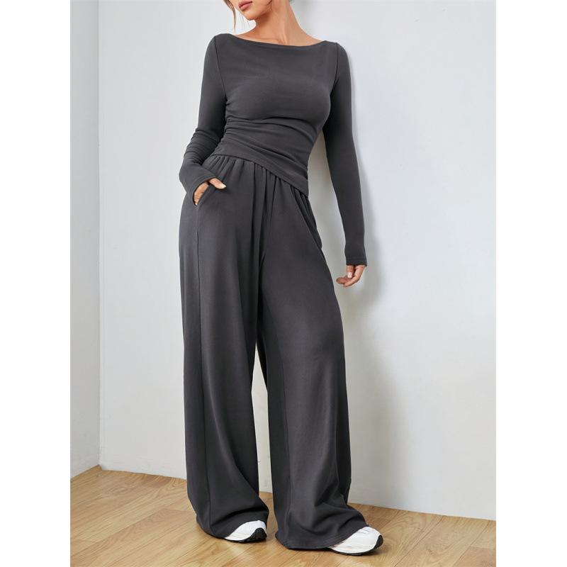 Women's Navy Blue One-Shoulder Long Sleeve Wide Leg Jumpsuit