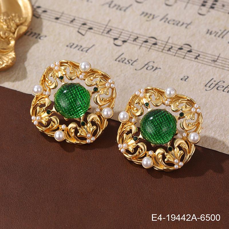 Vintage Grüne Perlenohrringe mit Blumenfaden - Damen Übertriebene 925 Glasstecker