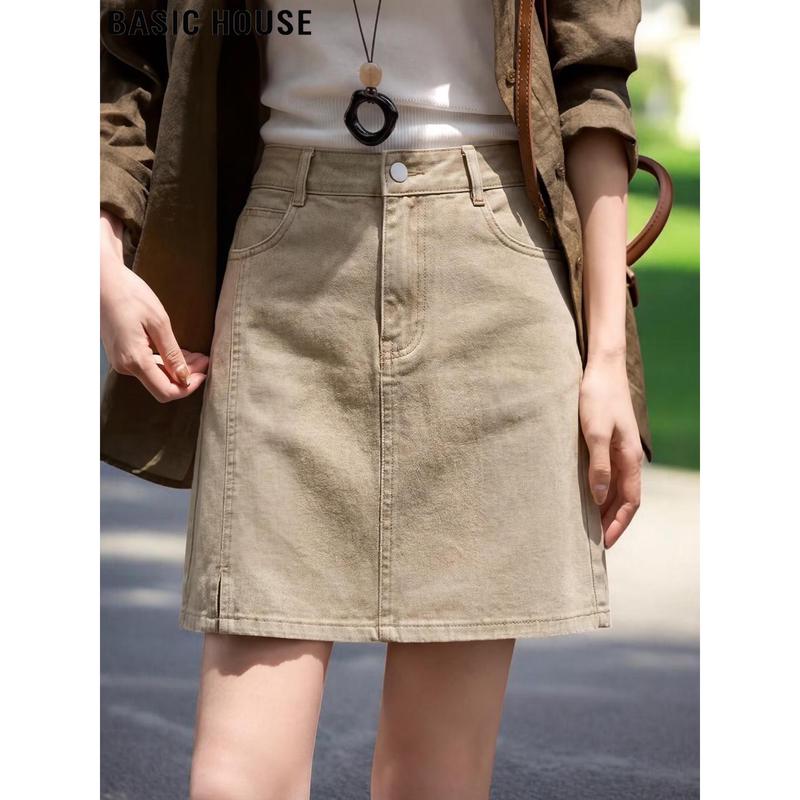 Basic House Women s Retro Khaki A-Line Denim Mini Skirt S