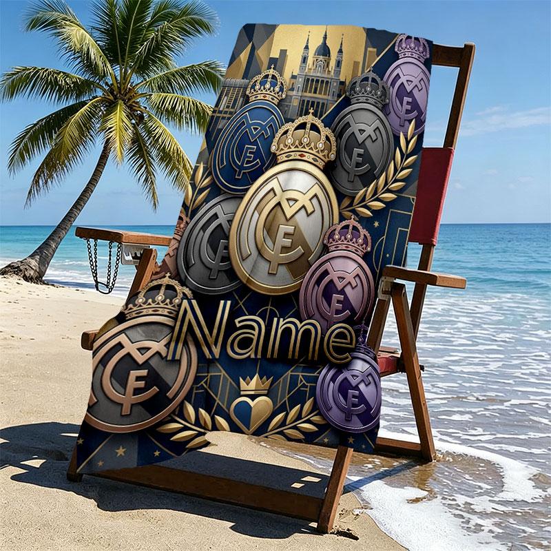 Custom Name Personalized Real Madrid CF Print Beach Towel, for Trip Camping Beach Party Home Decor, Birthday Gift for Family & Friends