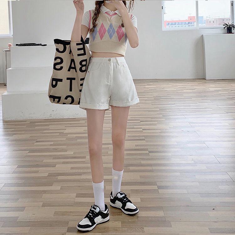 Dam Högmidjade Denimshorts med Vida Ben i Koreansk Stil - Sommartrend 2021