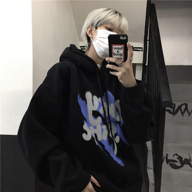 Diablo Graffiti Smiley Print Sweater Men's Street Fleece-lined Thickened Loose Plus Size Hip-Hop Autumn and Winter Jacket