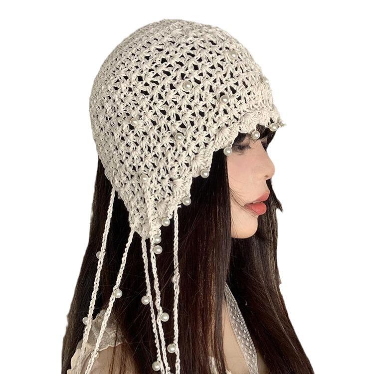 Hollow Pearl Tassel Pendant Baotou Hat Women's Summer Famous Style Knitted Pullover Hat Retro Face Small Hat Women