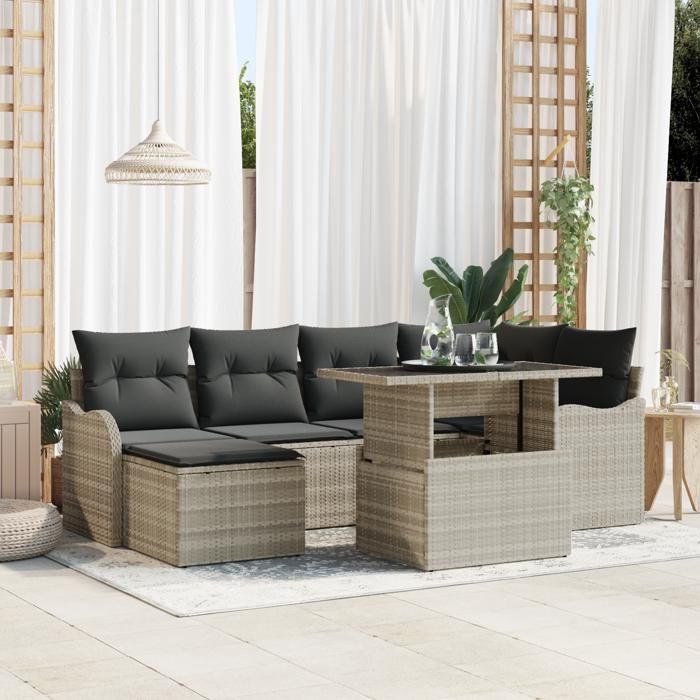 Ensemble de canapés de jardin en 7 pièces avec coussins Gris Clair en Rattan Poly, Canapé de jardin 2 places avec coussins 3348498