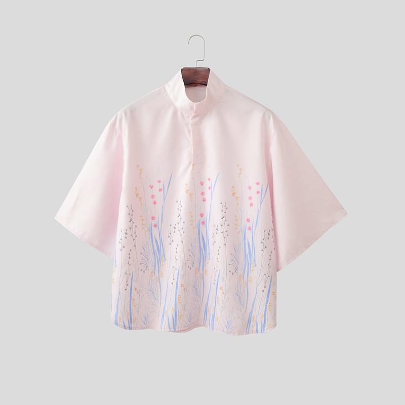 INCERUN Oversized Summer Men Lapel Neck 3/4 Sleeve Buttons Print Casual Shirts Tops