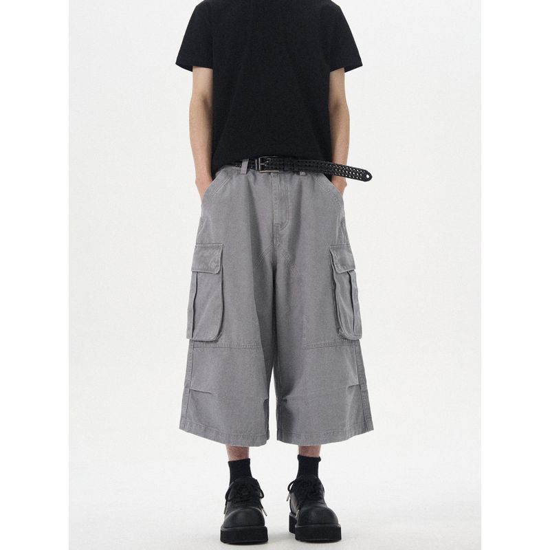 Kisko American Retro Washed Vintage Multi-Pocket Wide-Leg Cargo Pants Unisex Trendy Casual Loose Cropped Pants