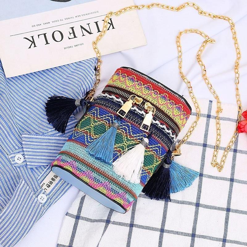 Colorful Style Ethnic Woven Texture Women Chain Cylindrical Bag With Tassel