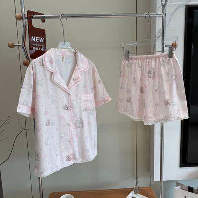 1011 New Pink Cartoon Short-sleeved Shorts Pajamas Women's Summer Ice Silk Loungewear Girlish Suit Can Be Worn Outside