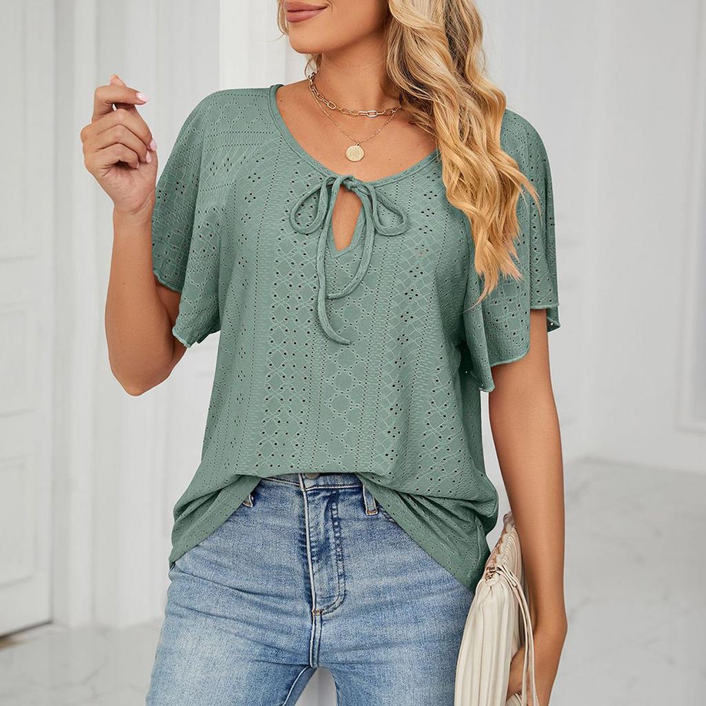 Women's Plain Casual Hollowed-out V-neck  Raglan Sleeve Short Sleeve Loose T-shirt Top
