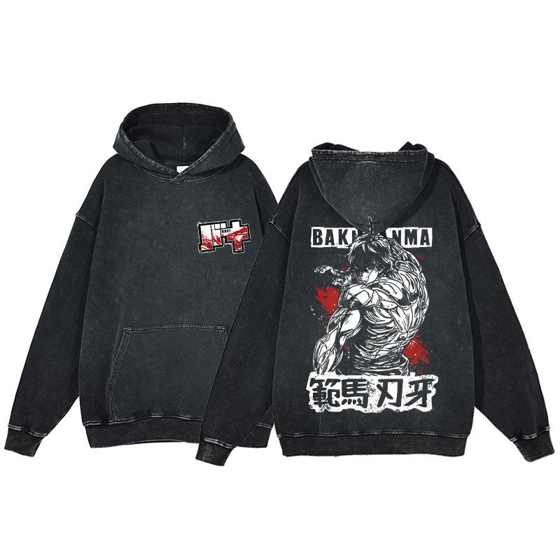 Hot Anime Baki Hanma Graphic Print Men Women Vintage Hoodies Washed Cotton Streetwear Harajuku Unisex Casual Loose Sweatshirt