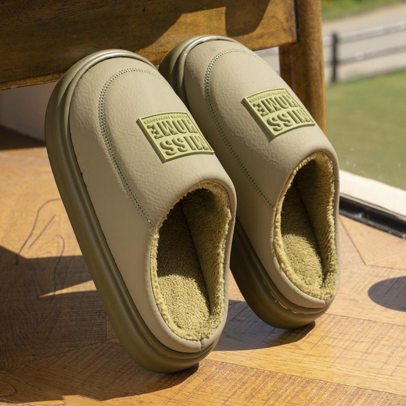 New Mid-to-high-end PU Leather Slippers Winter Couple Home Thick Bottom Heightening Velvet Warm Non-slip Cotton Slippers
