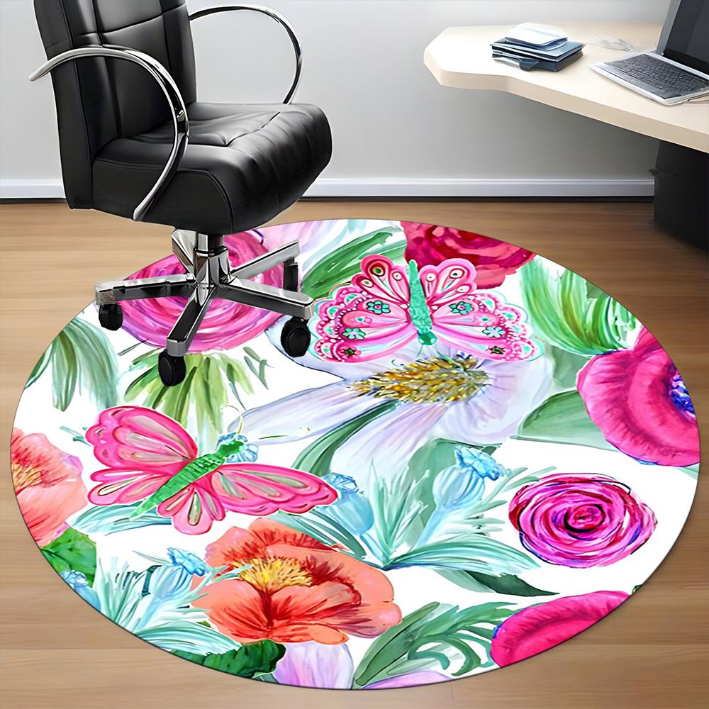 1pc Floral Butterfly Office Round Rug, Non-slip, Soft and Durable Office Rug for Interior Decoration, Perfect for Office, Beautiful Decoration yy26032