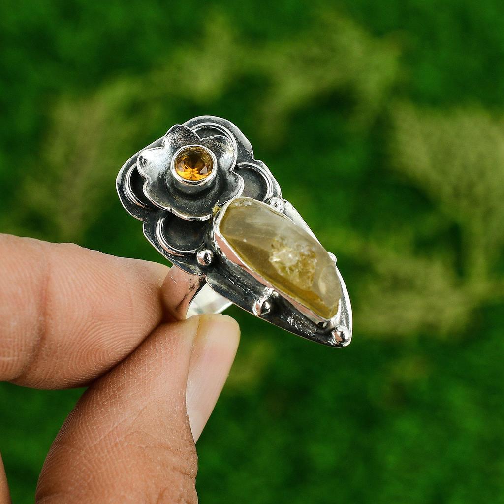 Natural Citrine Rough Stackable Flower Ring Size 6.75 925 Silver For Women
