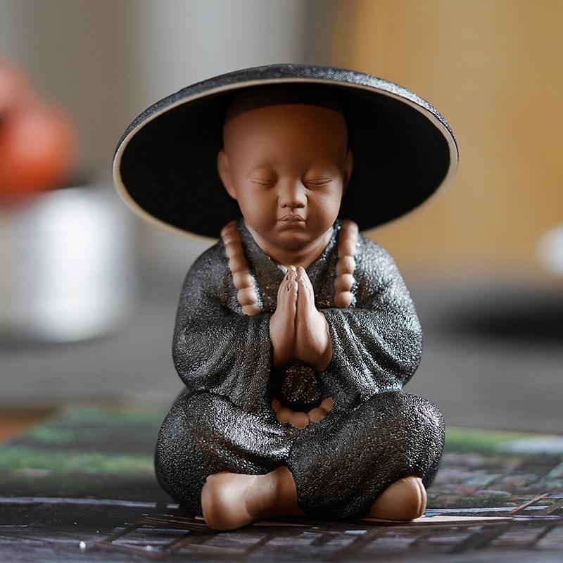 Black Pottery Buddhist Monks Miniature Figurines Buddha Statue Sculpture Tea Filter Funel Set Ornaments Home Docor Decoration
