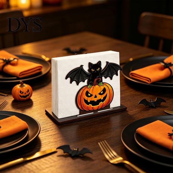 Portatovaglioli da Cucina Halloween in Legno per Tavolo, Zucca Gatto Nero Pipistrello Supporto Carta Dispenser Verticale, Asciugamano Decorazione Festa Festiva Carta