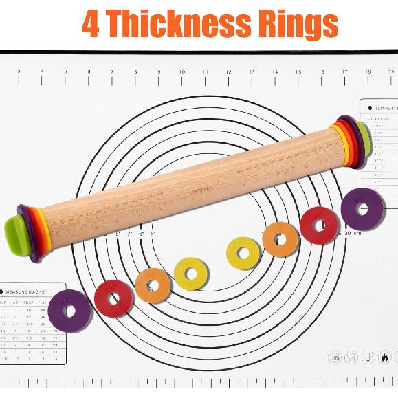 Rolling Pin with Thickness Rings for Baking,Fondant, Pizza, Pie Crust, Cookie, Pastry, Roller Rod for Dough Thickness, 13.6" Adjustable Wooden