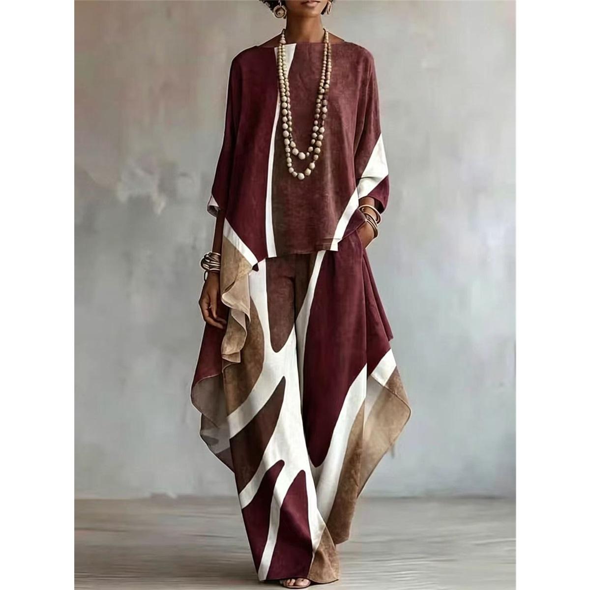 Damen Abstraktes Muster 2-teiliges Outfit Unregelmäßiges Umhang-Oberteil Weite Hosen Set Locker Lässig Damen Zweiteiliger Trainingsanzug XXL bordeaux