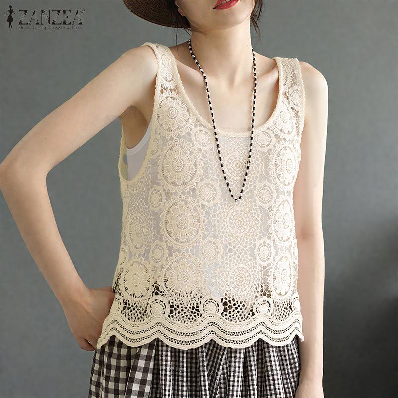 

ZANZEA Women Summer Casual O-neck Sleeveless Hollow Out Crochet Tank Tops 5XL зелений