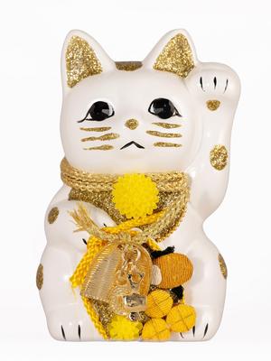 Lucky Cat Fortune Gathering Left Paw Raised Ceramic Lucky Cat Lucky Charm Feng Shui Ornament Offering Box (S-SIZE White) / _ Maneki-neko (fa_S White)
