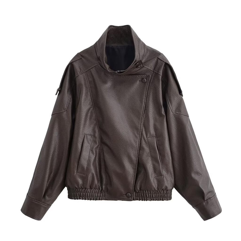 Giacca da Donna Autunnale in Ecopelle Chic con Zip e Revers a Punta Manica Lunga Giacca Capospalla