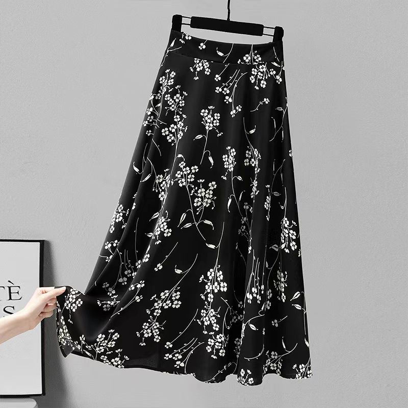 Geblümter Halbrock Sommer Hohe Taille Schlankmachend Weiter Weiß Bedruckter Rock A-Linie Chiffon Midilanger Rock