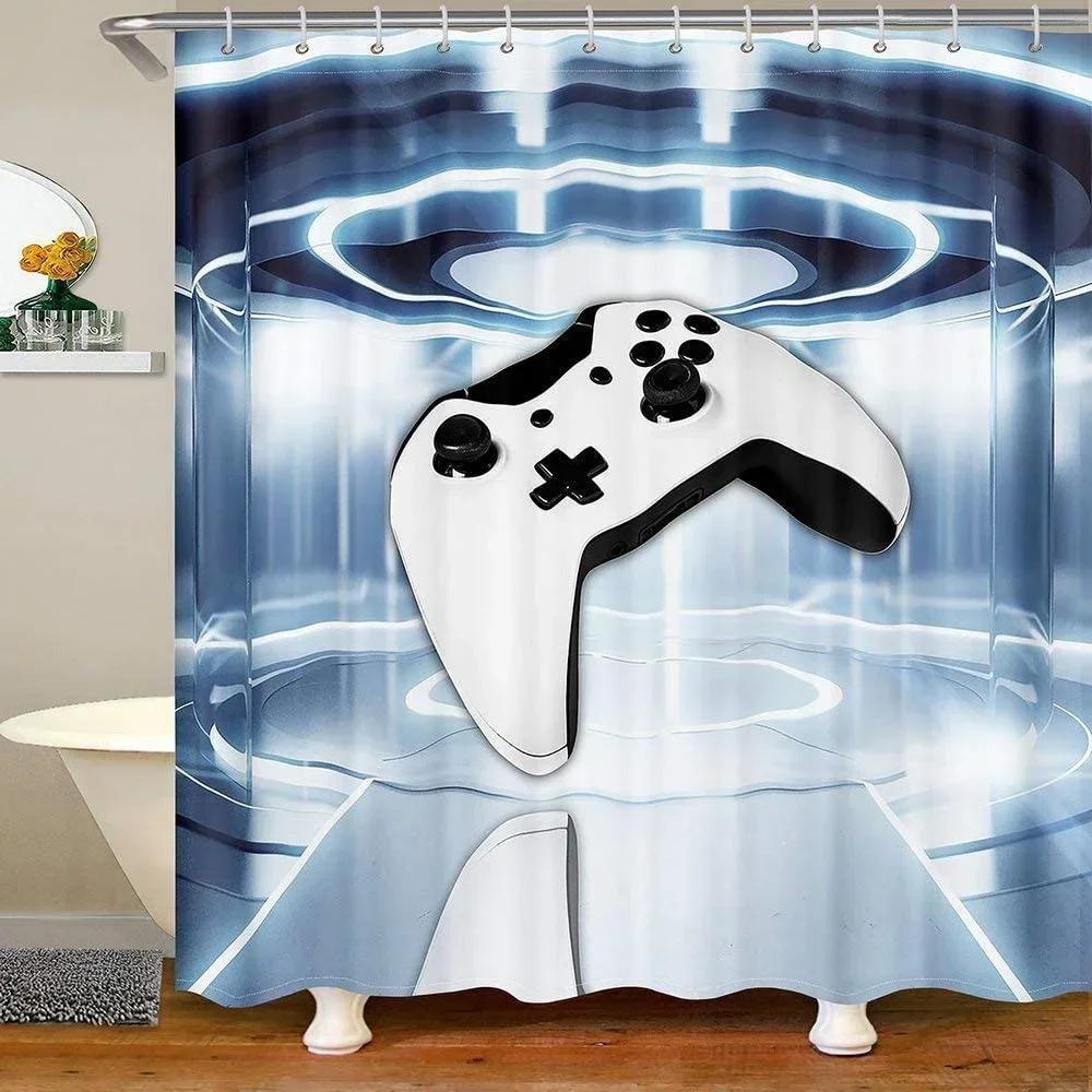 Modern Gamer Shower Curtain Video Game Controller Bath Curtain Room Decor Bright Colorful Geometry Waterproof Bathroom Curtains