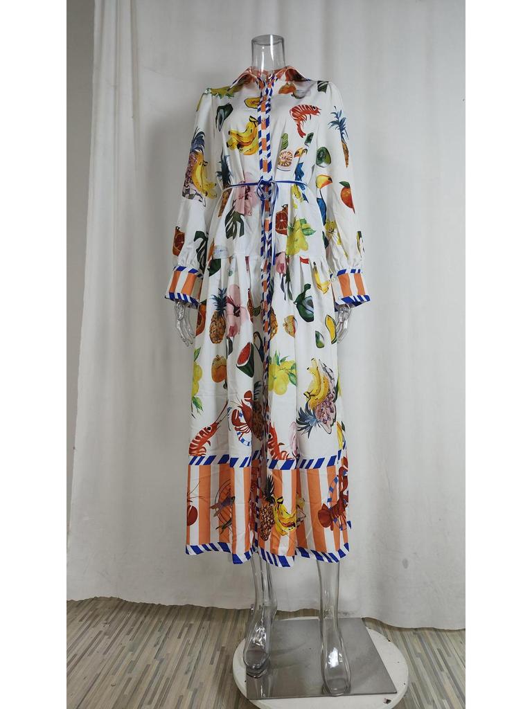 2025 European & American Women's Lantern Sleeve Print Turn-Down Collar Waist-Gathering Long Swing Spring Dress