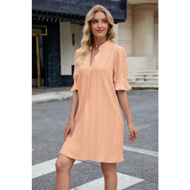 YYFS Damenmode Sommer Frühling Einfarbig Druck Kurzarm V-Ausschnitt Lose Taille Freizeitkleider