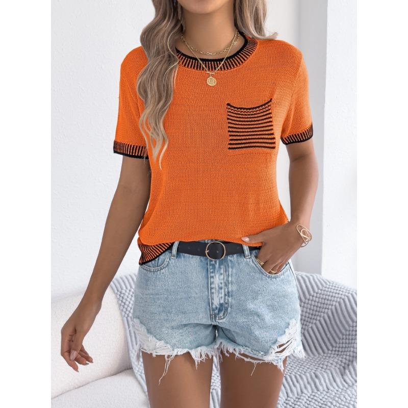 Women Contrast Trim Striped Pocket Detail Short Sleeve Knit Top