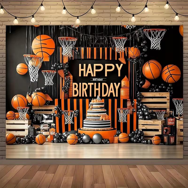 2D Basketball Themed Birthday Backdrop, Black Orange Sports Party Background Cloth