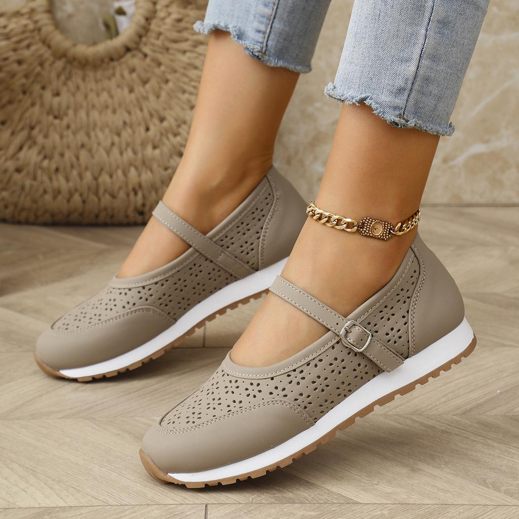 Summer Fashion Casual Single Shoes for Women 2025 New Hollow Solid Color Buckle Mesh Breathable Round Toe Work Shoes