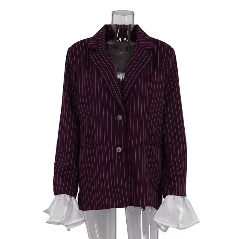 

European and American Lace Bell Sleeve Loose Stripe Suit Striped Flared Sleeve Suit Jacket Burgundy S