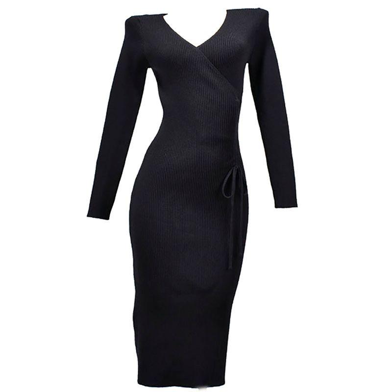 Autumn and Winter V-neck Pleated Drawstring Waist-Tight Slim Looking Mid Length Long Length Package Hip over-the-Knee Knitting Dress Match with Coat