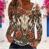 Women Plus Size Asymmetric Cutout Neck Cold Shoulder Long Sleeve Western Printed Fitted Top