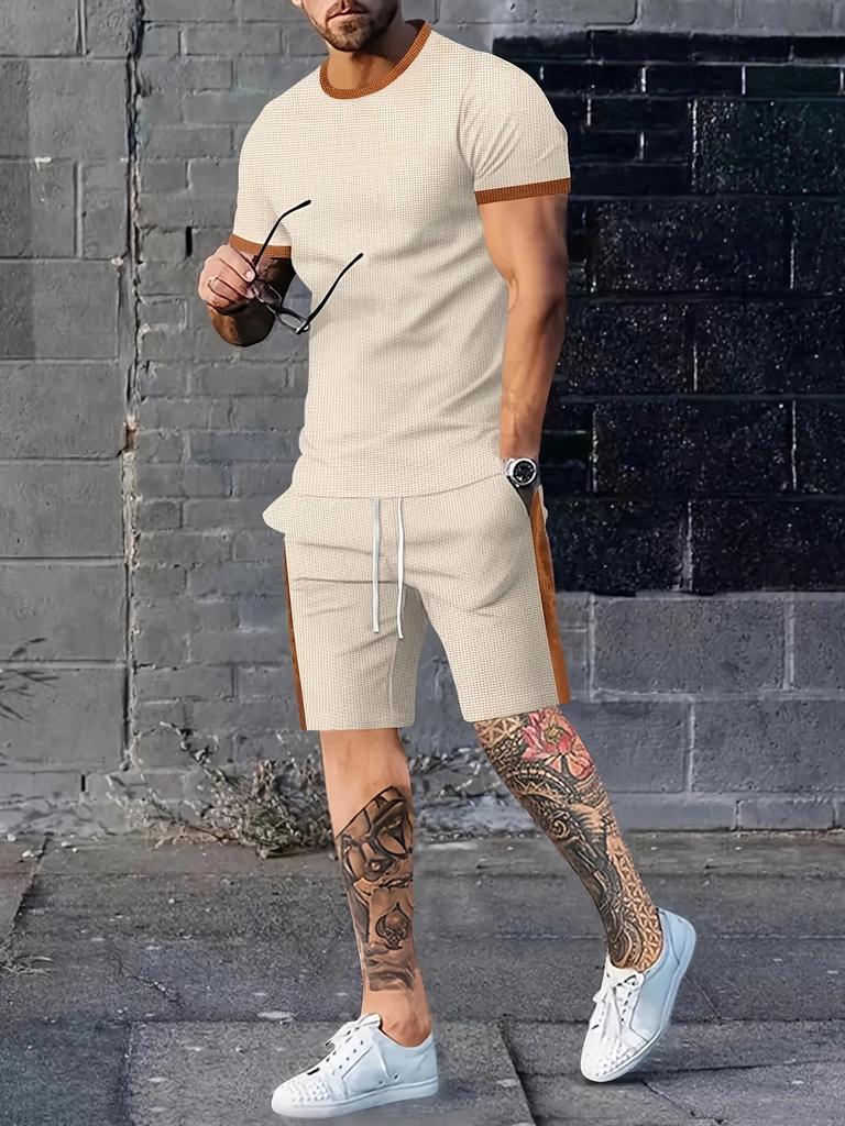 Men's Casual Solid Color Round Neck T-shirt and Short Sleeve Suit – Summer Sports Style 2025