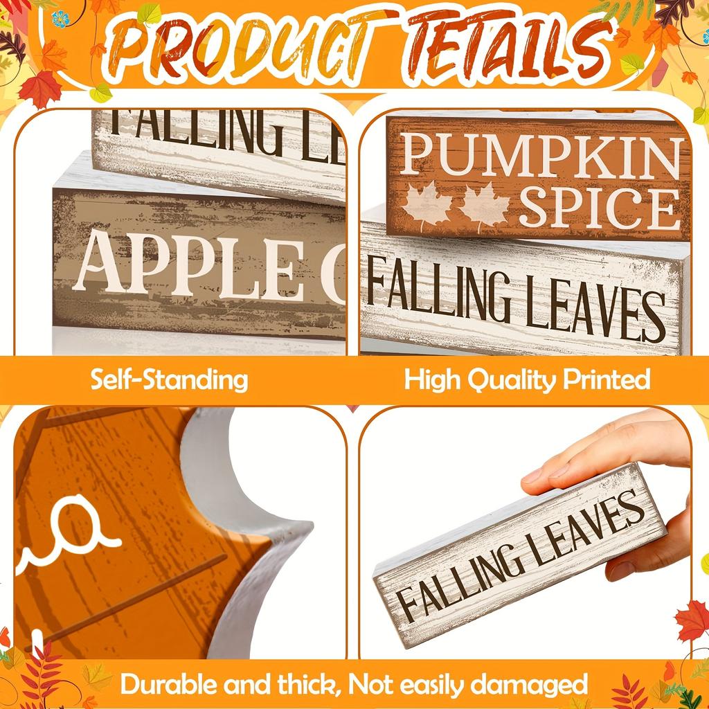 4pcs Wooden Fall Tabletop Decor Maple Leaf Tiered Trays, Rustic Farmhouse Autumn Centerpiece with Block Signs, Christmas Decor