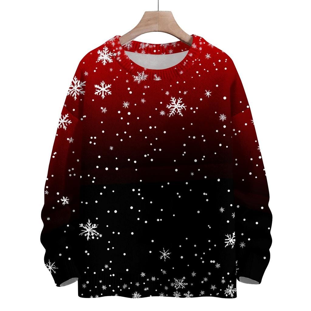 Women's Fashion Round Neck Casual Long Sleeve Christmas Cute Printed Woolen Knit Top