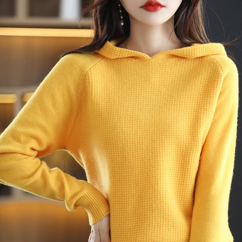 2023 Autumn/Winter Women's Pure Wool Hoodie Sweater - Cashmere Knit Pullover, Solid Color