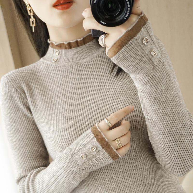 Knitted Sweater Autumn and Winter New Semi High Neck Sweater Women's Pullover Long Sleeved Slim Button Top