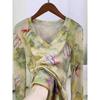 Long-sleeved Printed Double-layered Mesh Top for Women Autumn New Popular Pullover V-neck Top