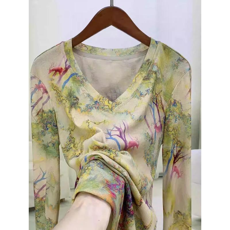 Long-sleeved Printed Double-layered Mesh Top for Women Autumn New Popular Pullover V-neck Top