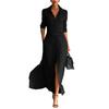 Women's Fashionable Color Lapel Long Sleeved Hem Slit Casual Shirt Dress