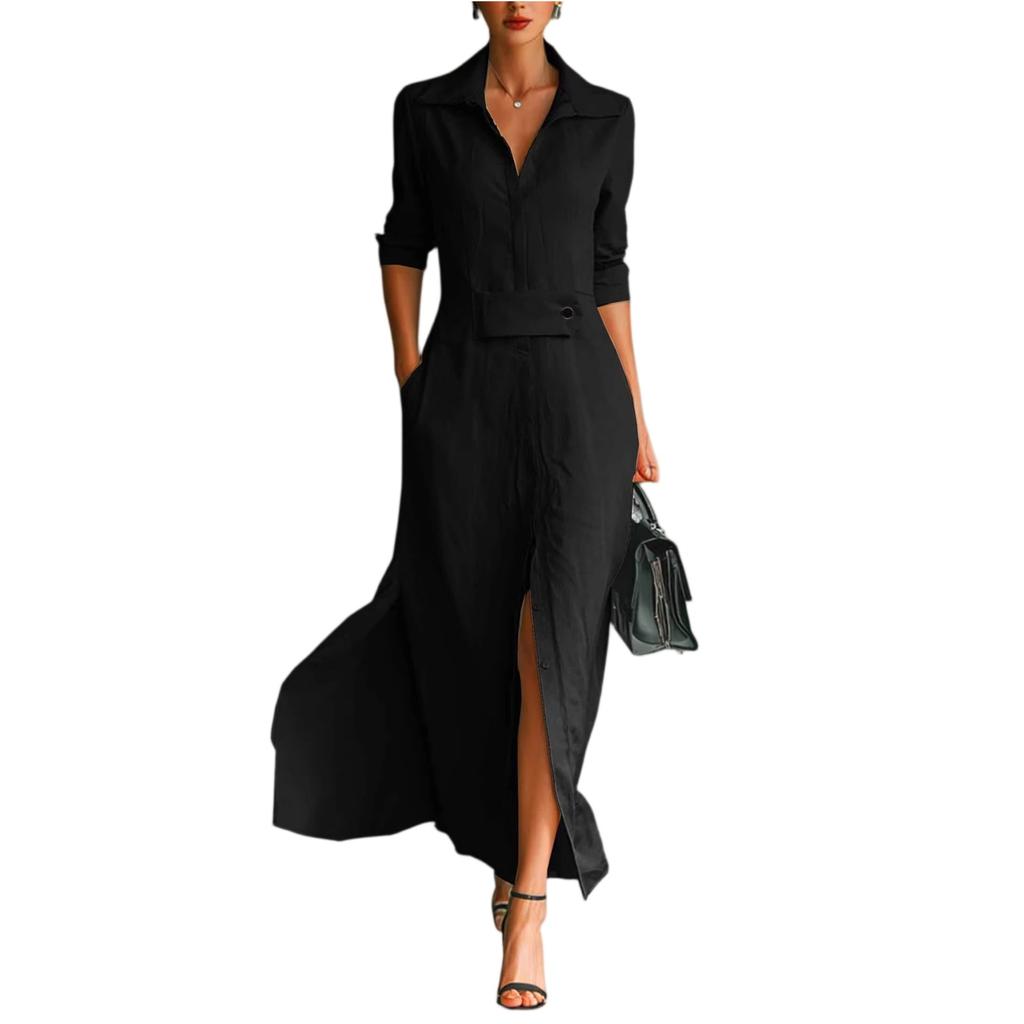 Women's Fashionable Color Lapel Long Sleeved Hem Slit Casual Shirt Dress