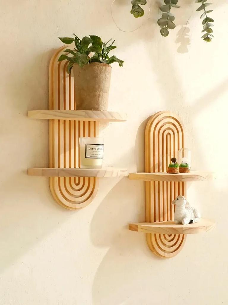1Pc Modern Style Wooden Wall Shelves - Geometric Wall Mounted Shelves, Natural Wood Finish, Modern Home Decor, Plant Decorative